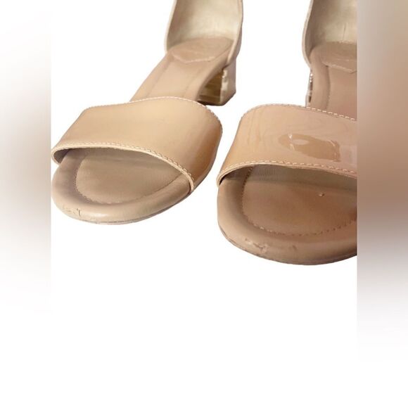 Tory Burch Patent Leather Heeled Peep Toe Tan/Nude Sandal - Picture 3 of 9